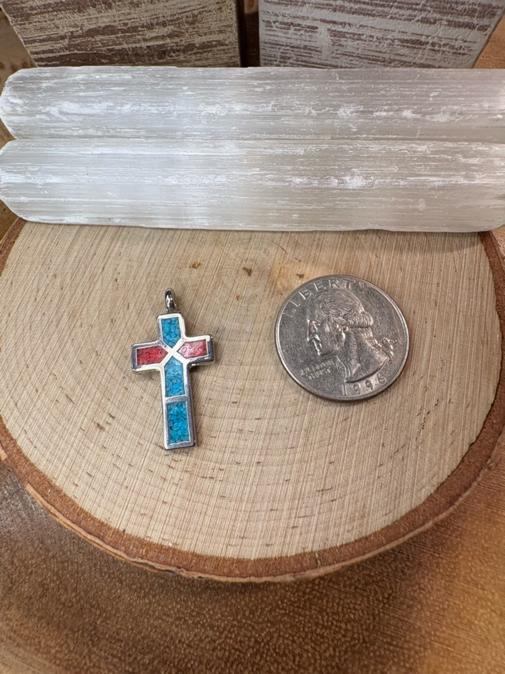 Turquoise and Coral Inlay Cross Pendant